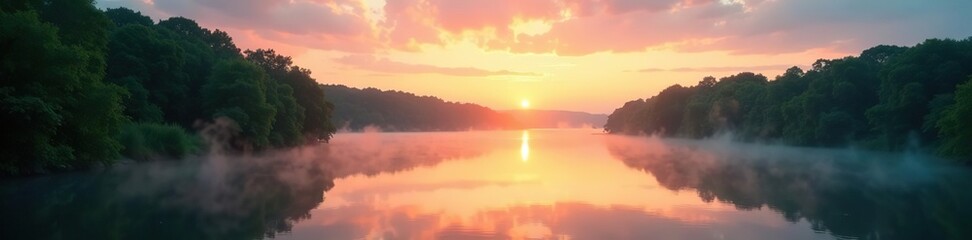 Fototapeta premium Serene river landscape at sunrise with mist rising from the water, lush green trees lining the banks, and colorful sky reflected in the calm water, trees, sky