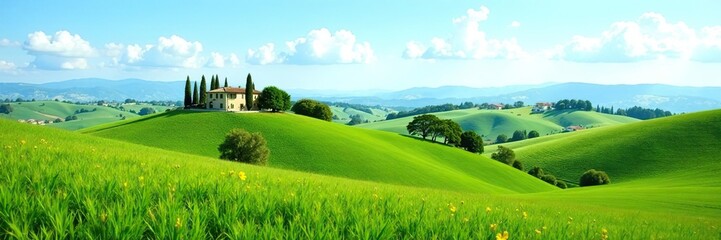Fototapeta premium Rolling hills dotted with vineyards and cypress trees under a clear blue sky in Tuscany, Italy, travel, hills