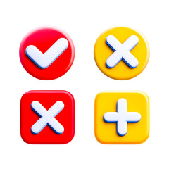3D Glossy Checkmark, Cross, and Plus Icons in Red and Yellow for UI Design, App Interfaces, and Digital Buttons, D icons, checkmark symbol, cross icon, plus button, digital buttons
