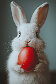 Close-up of white bunny holding red Easter egg and looking at the camera.  Minimal Easter day theme.	