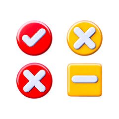 3D Glossy Checkmark, Cross, and Minus Icons in Red and Yellow for UI Design, App Interfaces, and Digital Buttons, 3D icons, checkmark icon, cross symbol, minus button, UI design
