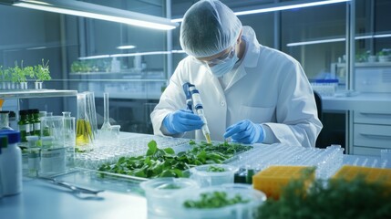 A biotechnology engineer developing plant based proteins for sustainable food production, lab with plant samples, protein extraction equipment