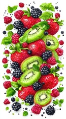 Fototapeta premium Delicious fresh fruit salad with strawberries, kiwi and blackberries. Use food product presentation