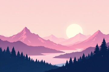 Obraz premium Minimalistic natural landscape and mountains with pink background, perfect for banner template design Emotion-driven illustration showcasing serene and tranquil scenery, mountains, background