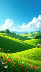 Naklejka premium Rolling hills of lush green fields under a bright blue sky, dotted with colorful wildflowers and grazing sheep, fields, sheep
