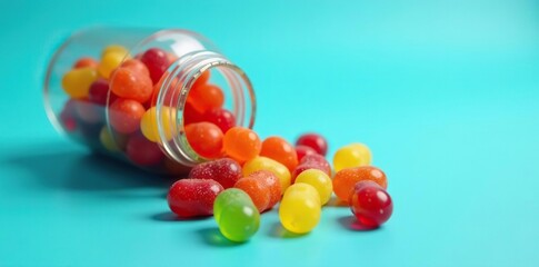 Multivitamin gummies spilling out of a glass bottle on a vibrant blue background,  orange,  dietary