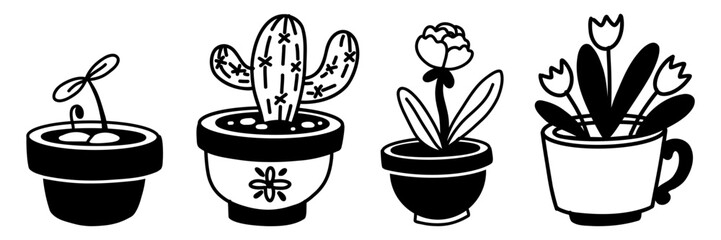 set of house plants in flower pots. Flowerpots in a row with plants. Illustration of a flat monochrome drawing. separate subject of home botany. Ideal for use in projects related to ecology, gardening