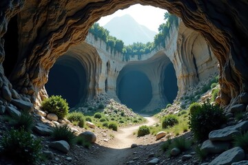 Mysterious and mystical caves hidden within the rugged Mediterranean mountains, with eerie rock formations and ancient ruins scattered throughout the landscape, mysterious,  eerie