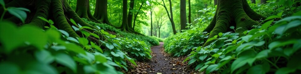 Fototapeta premium Lush green foliage of native New Zealand wild plants in a dense forest setting, lush, growth