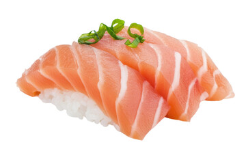 Fresh salmon nigiri with green onion garnish on sushi rice, cut out