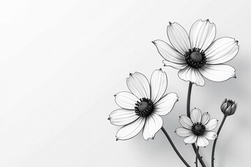 Simple and elegant black and white sketch of three delicate flowers,  illustration,  drawing