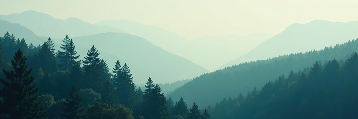Obraz premium Misty landscape featuring fir forest in hipster vintage retro style, tranquil, atmospheric
