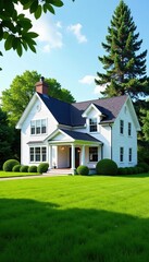 Large two-story house with white siding and a gabled roof, surrounded by a vast green yard with a tall tree in the background,  scenic,  property