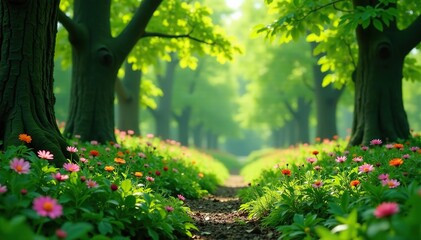 Fototapeta premium Lush green forest with blooming flowers and vibrant foliage in spring, trees, nature