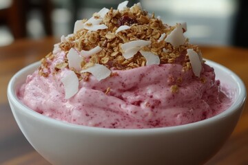 Pink smoothie bowl topped with granola and coconut flakes in a white bowl. Perfect for illustrating healthy eating, breakfast, or dessert concepts.