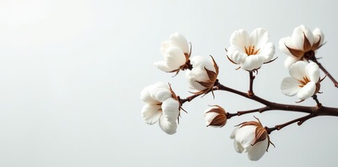 Set of cotton branches with delicate flowers isolated for design projects,  collection,  soft
