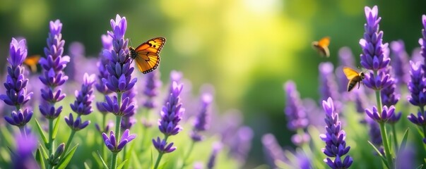 Lavender plants in full bloom surrounded by colorful butterflies and busy bees in a charming cottage garden,  cottage garden,  garden design