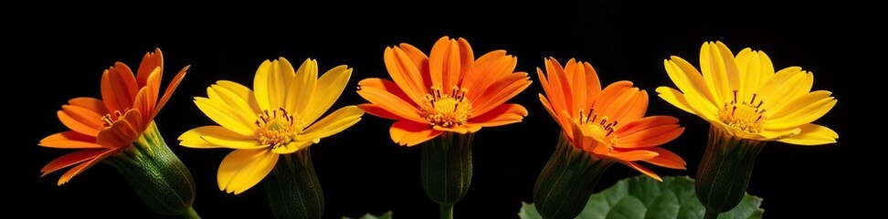 Fototapeta premium Group of vibrant zucchini blossoms contrast beautifully against a striking black background, seasonal, group