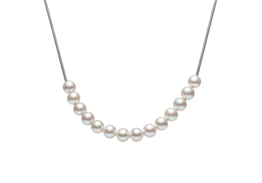 A floating pearl necklace with a gentle curve, isolated on a solid white background.