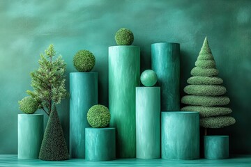 Futuristic Transportation Systems Featuring Levitating Pods Integrated With Geometric Shapes in Emerald Jade Hues on a Modern City Backdrop