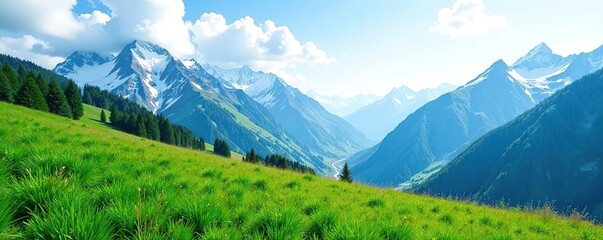 Lush green grass covering the base of majestic snow-capped mountains,  landscape,  view