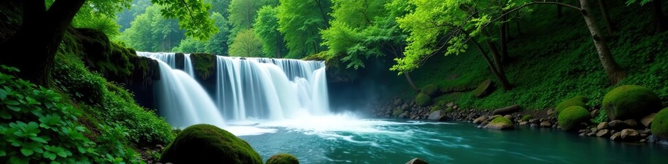 Fototapeta premium Lush green waterfall cascading through the forest with tall trees in the background and branches stretching across the river, scenic, green