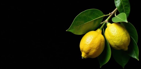 Lemon or lime flowers with leaves isolated on black background for graphic design projects,  vibrant,  yellow