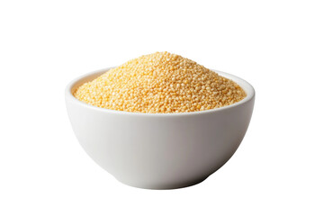 White bowl of raw couscous grains isolated on black background, cut out