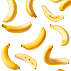 A pattern of yellow bananas and banana halves on a white background