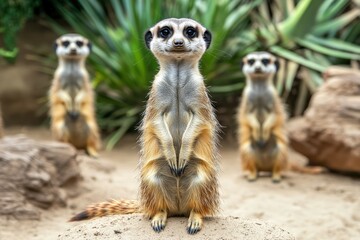 Fototapeta premium Slender-Tailed Meerkats (Suricata suricatta) in zoo.. Beautiful simple AI generated image