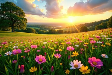 Lush meadow covered in colorful blossoms as the sun rises over a panoramic view of summer landscape,  blossoms,  panorama