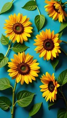 Overhead view of vibrant sunflowers against a blue background with ample copy space,  sunny,  botanical