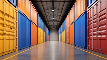 Fototapeta premium Colorful shipping container corridor in a warehouse with bright walls and clean flooring