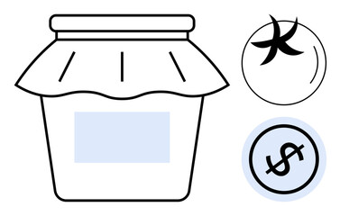 Jar covered with fabric lid, a Pisces zodiac sign, and dollar sign in simple design. Ideal for savings, finances, astrology, horoscopes, budgeting, investments thrift flat simple metaphor