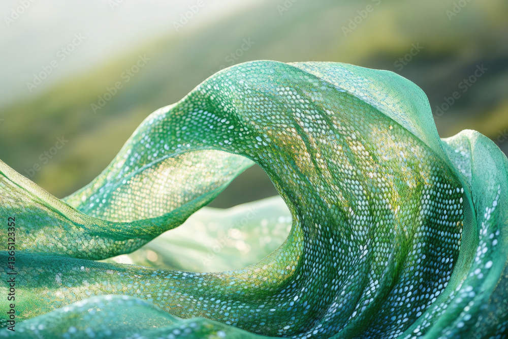 Poster A flowing teal fabric with a unique texture, illuminated by sunlight, creating an ethereal and elegant visual.