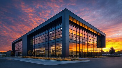 Modern Industrial Warehouse at Sunset: Contemporary Building Bathed in Warm Golden Glow