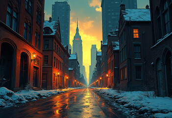 Fototapeta premium A long empty street with snow on the sides, tall buildings on both sides, and a tall skyscraper in the background at sunset