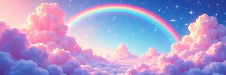 Holographic rainbow unicorn background with pastel sky, clouds, stars, and abstract pattern Cute candy wallpaper with magical landscape Vector illustration,  pattern,  pastel