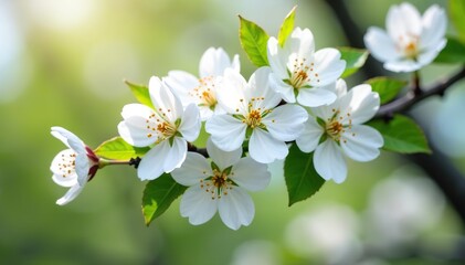 Fototapeta premium Pale gum blossom flowers in full bloom surrounded by fresh green leaves on tree, branch, Pale gum