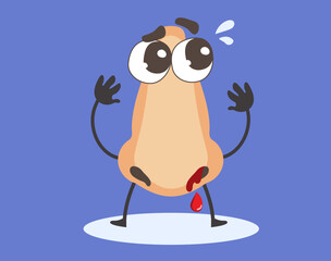 Expressive cartoon illustration of an anthropomorphized nose character experiencing a nosebleed. Fun drawing for medical designs representing nasal health, allergies, dry air, colds