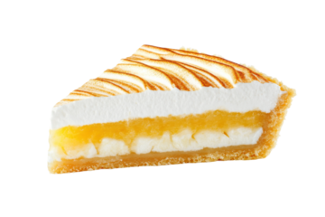 Delicious slice of lemon meringue pie with golden crust and creamy filling, cut out