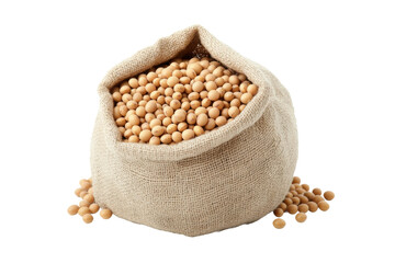 Close-up of burlap sack filled with soybeans on white background, cut out