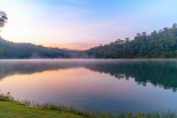 Fototapeta premium A serene sunset scene over the ocean on a cloudy day, perfect for travel or nature-themed projects. Beautiful simple AI generated image