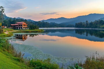 Fototapeta premium A serene sunset scene over the ocean on a cloudy day, perfect for travel or nature-themed projects. Beautiful simple AI generated image