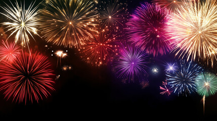 Colorful fireworks exploding in night sky for New Year celebrations, festive event promotions, and patriotic holiday advertising visuals