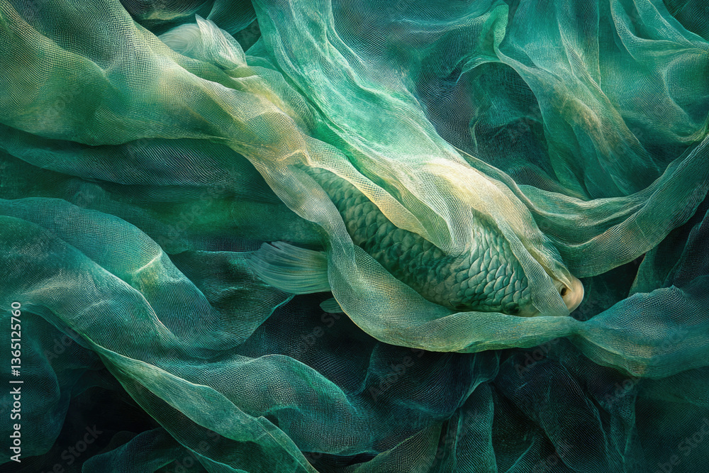 Poster a fish gracefully hidden beneath layers of emerald green fabric, creating an ethereal underwater sce