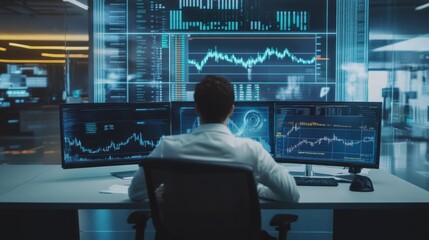 A financial analyst in a smart trading room, monitoring stock market trends on holographic charts, sleek and modern office design