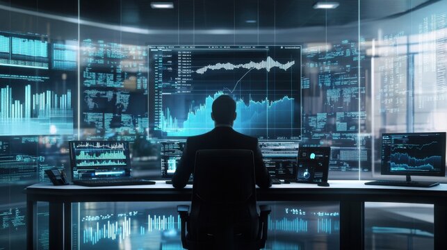 A financial analyst in a smart trading room, monitoring stock market trends on holographic charts, sleek and modern office design