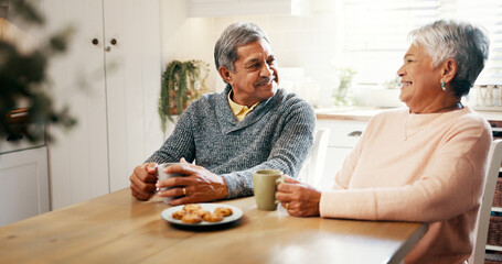 Bonding, laughing and senior couple with coffee, home and smile with beverage in kitchen and...