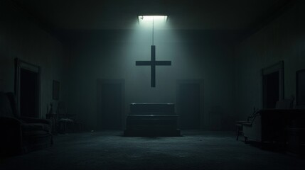Naklejka premium Dark room, cross hangs above a coffin, shrouded in mist. Eerie atmosphere